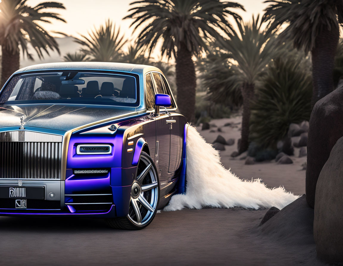 Luxurious blue Rolls-Royce with custom rims near palm trees and white peacock displaying feathers