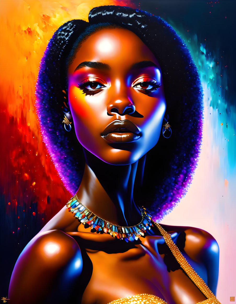 Vibrant digital portrait of woman with afro against fiery backdrop