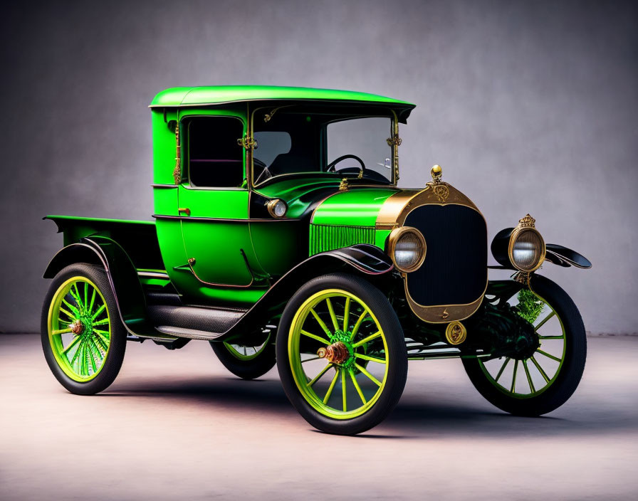 Vintage Green Car with Gold Trimmings on Gray Studio Backdrop