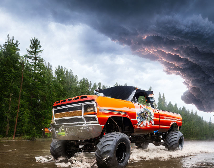 Oversized tires monster truck splashing water in stormy sky forest scene