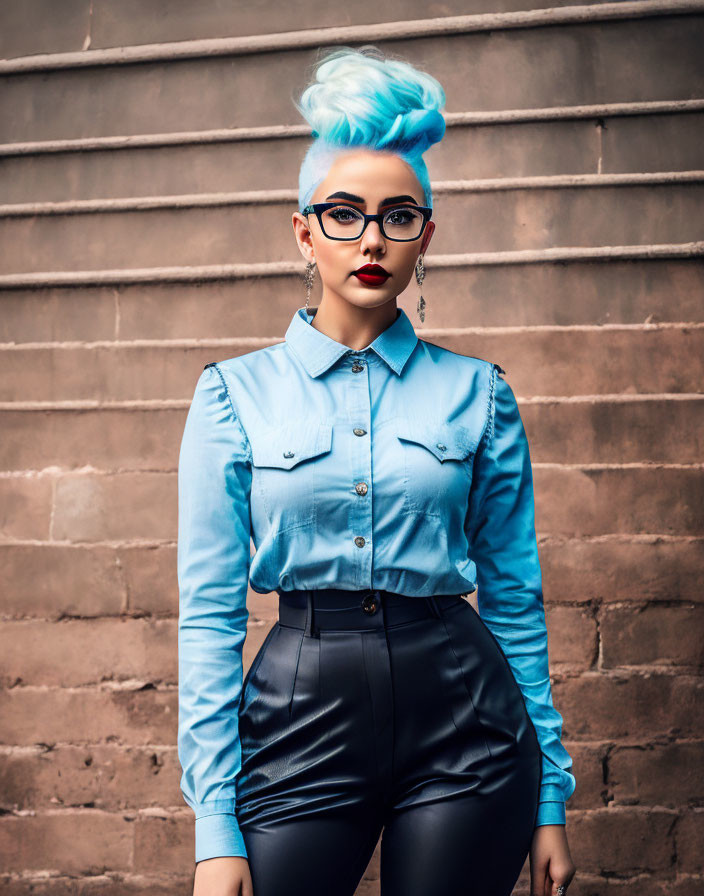 Blue-haired woman in stylish outfit against brick wall