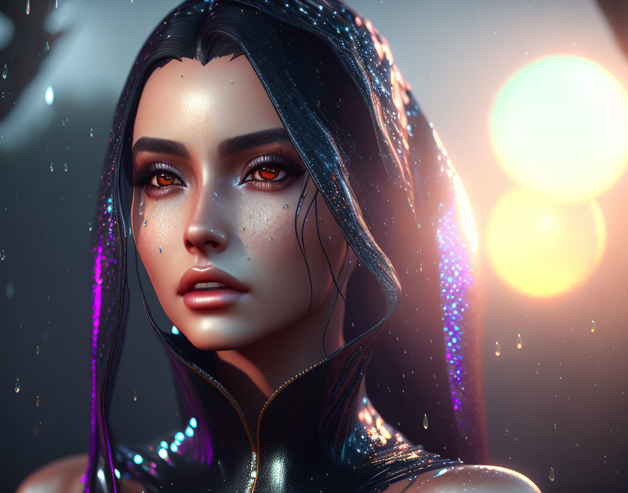 Woman with Orange Glowing Eyes and Dark Hair in Digital Art