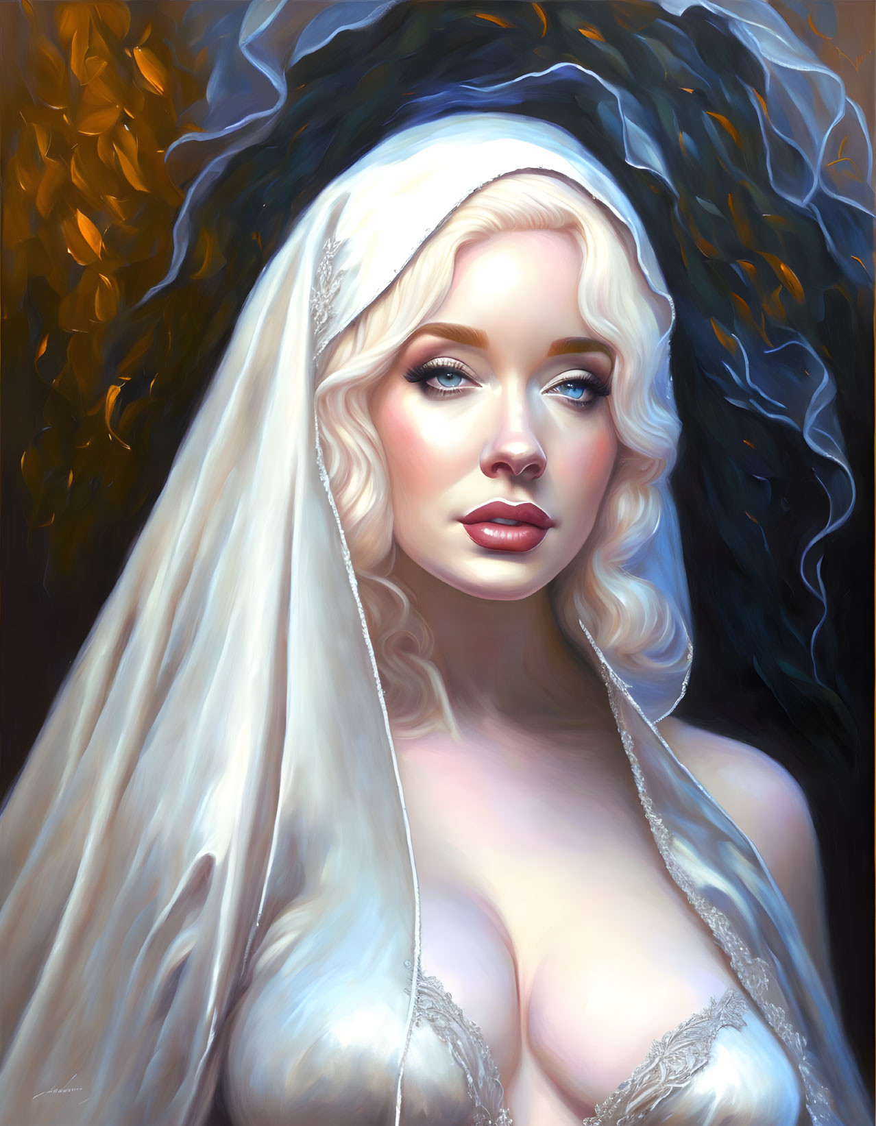 Blonde woman in white veil and silver attire on warm backdrop