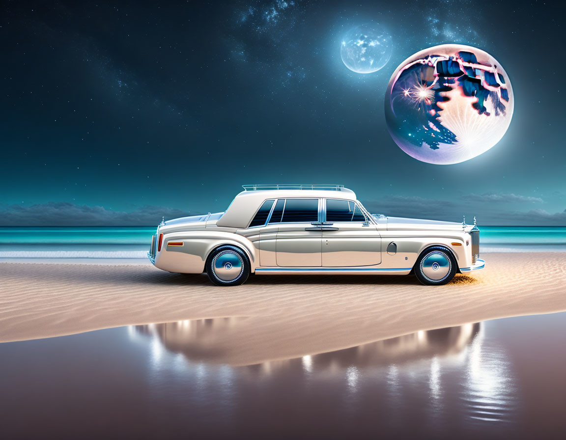 Vintage Car on Beach at Twilight with Surreal Moons and Palm Tree Reflection