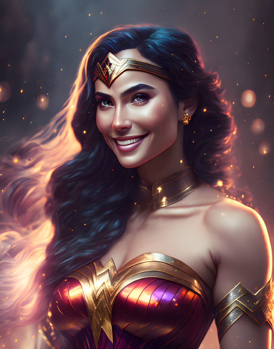 Smiling woman in tiara and golden armor with wavy hair in mystical starry setting