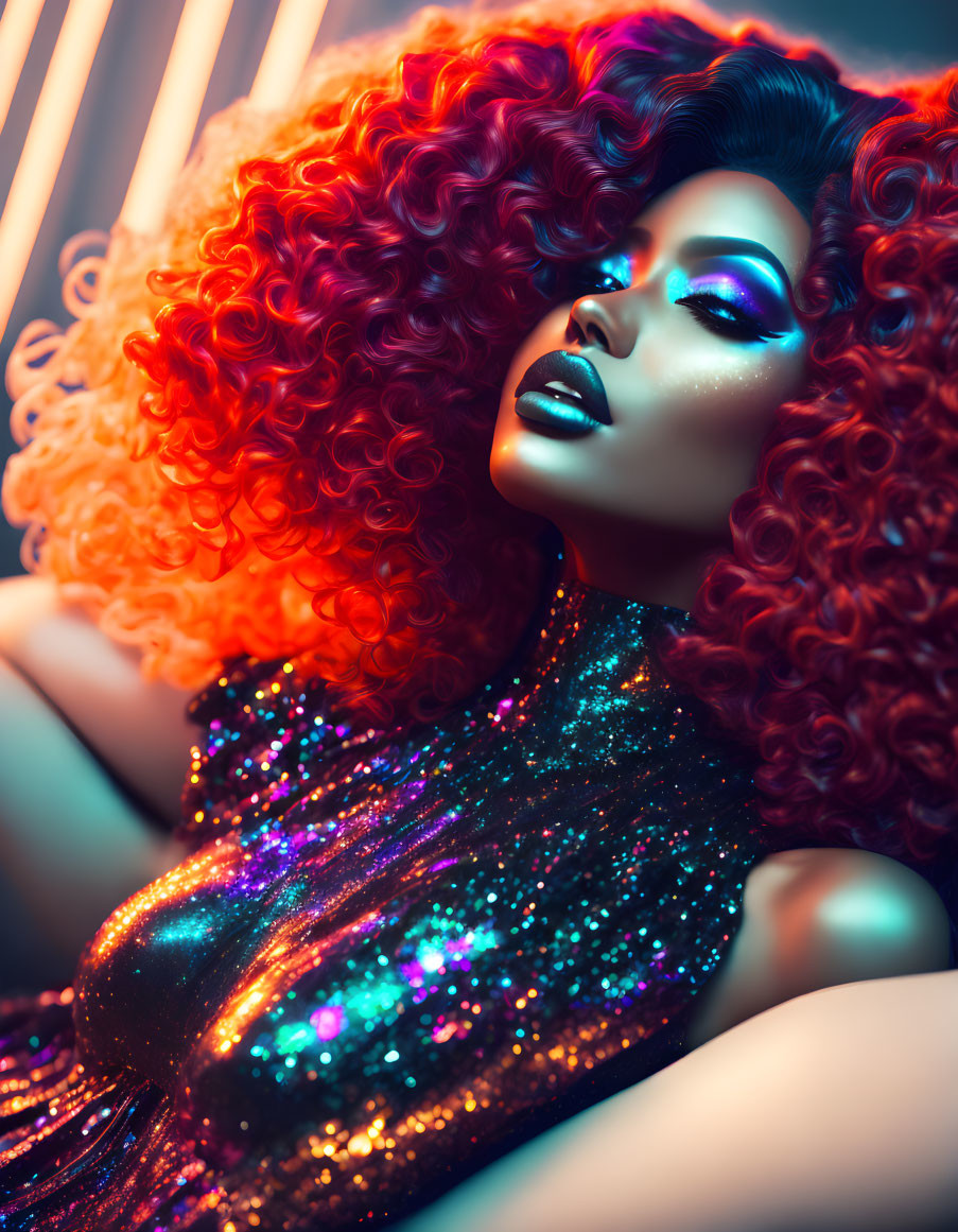 Vibrant woman with red curly hair under neon lights