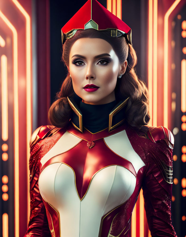 Woman in Red and Gold Superhero Costume in Confident Pose Against Futuristic Backdrop