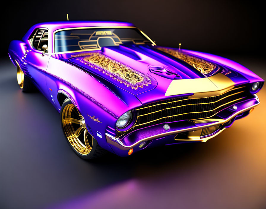 Shiny Purple Muscle Car with Gold Accents in Studio Setting