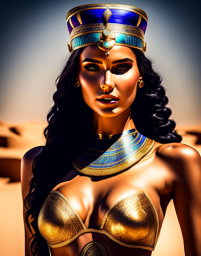 Illustration of woman with Cleopatra-inspired golden attire in desert setting