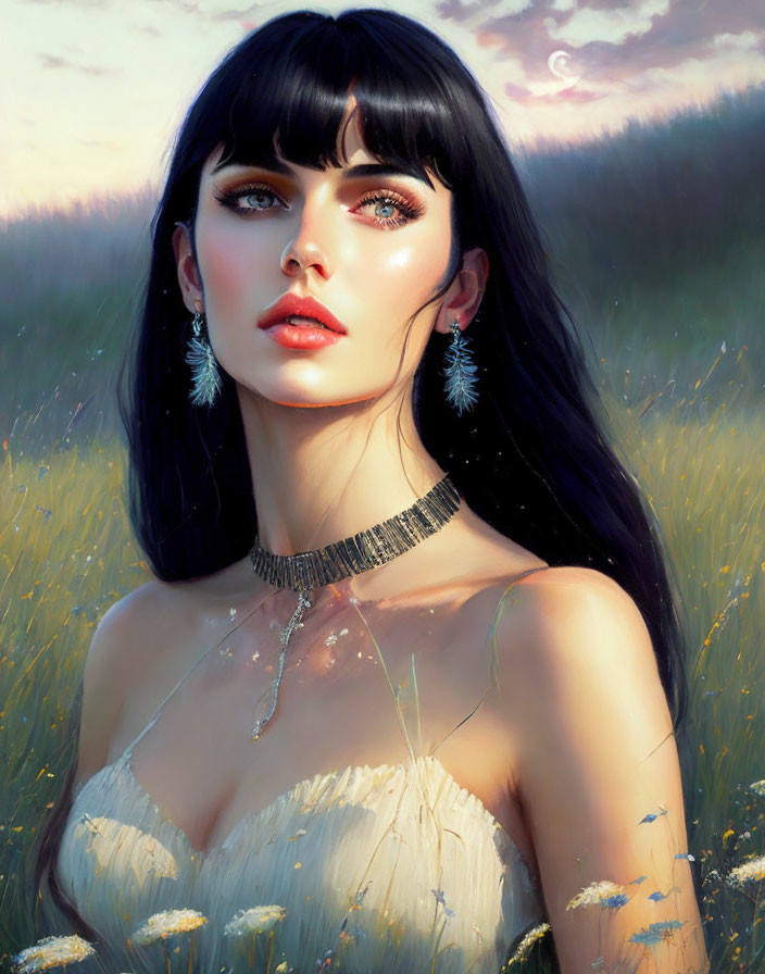 Illustrated portrait of woman with dark hair in field at dusk with feather earrings and choker