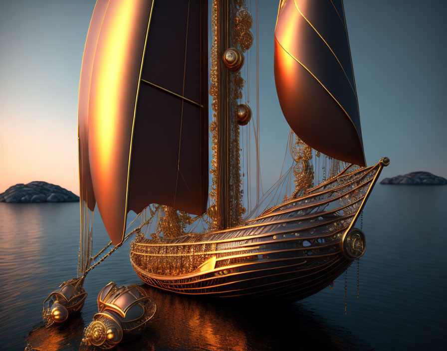 Golden ship with billowing sails on calm waters at sunset