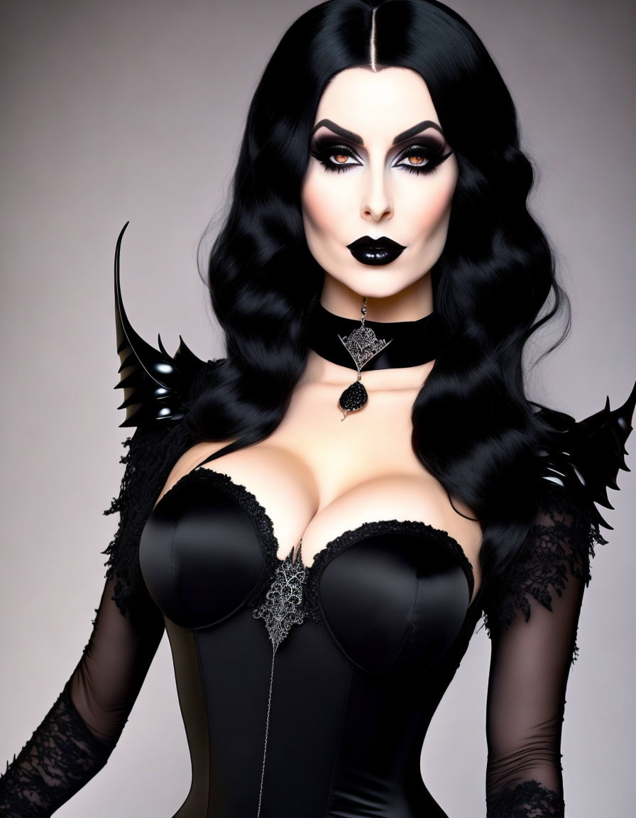 Pale-skinned person in gothic attire with black wavy hair and dramatic makeup.