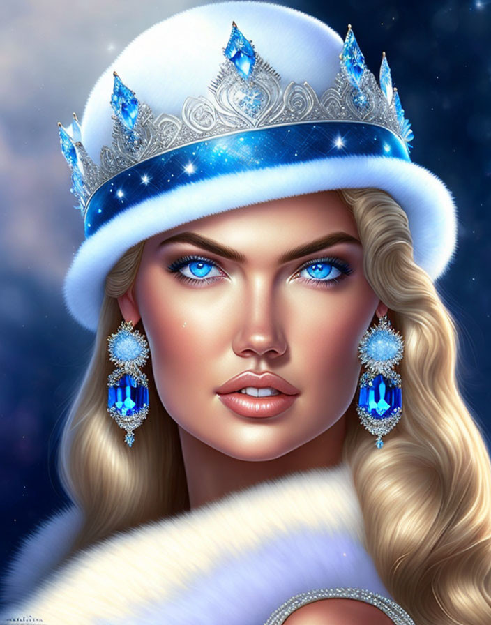 Woman with Blue Eyes in White Fur Hat with Blue Crystal Details