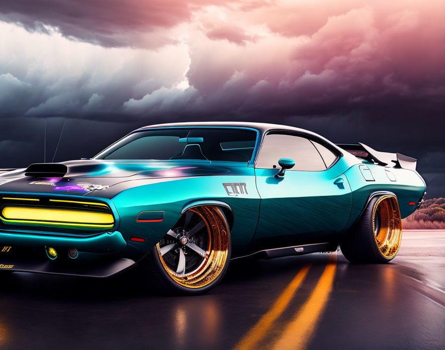 Vibrant blue muscle car with golden rims under stormy sky