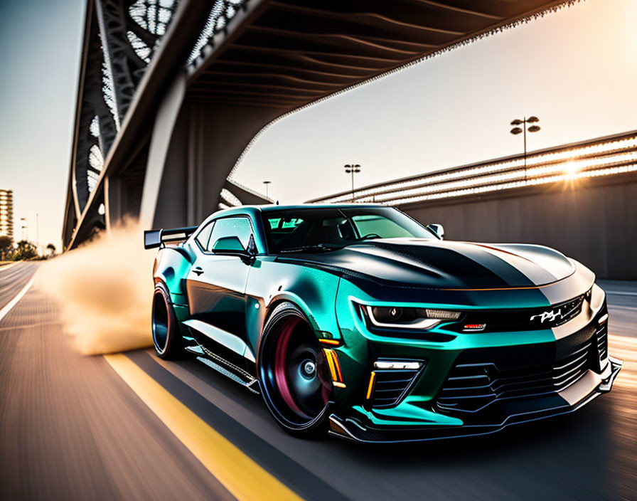 Modified sports car speeds under highway bridge at sunset