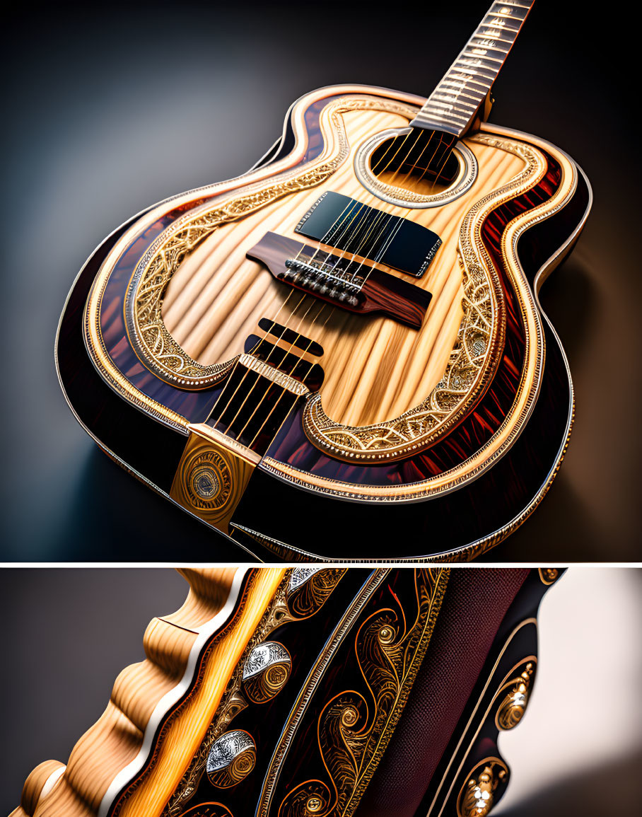 Intricately decorated acoustic guitar with colorful wood patterns