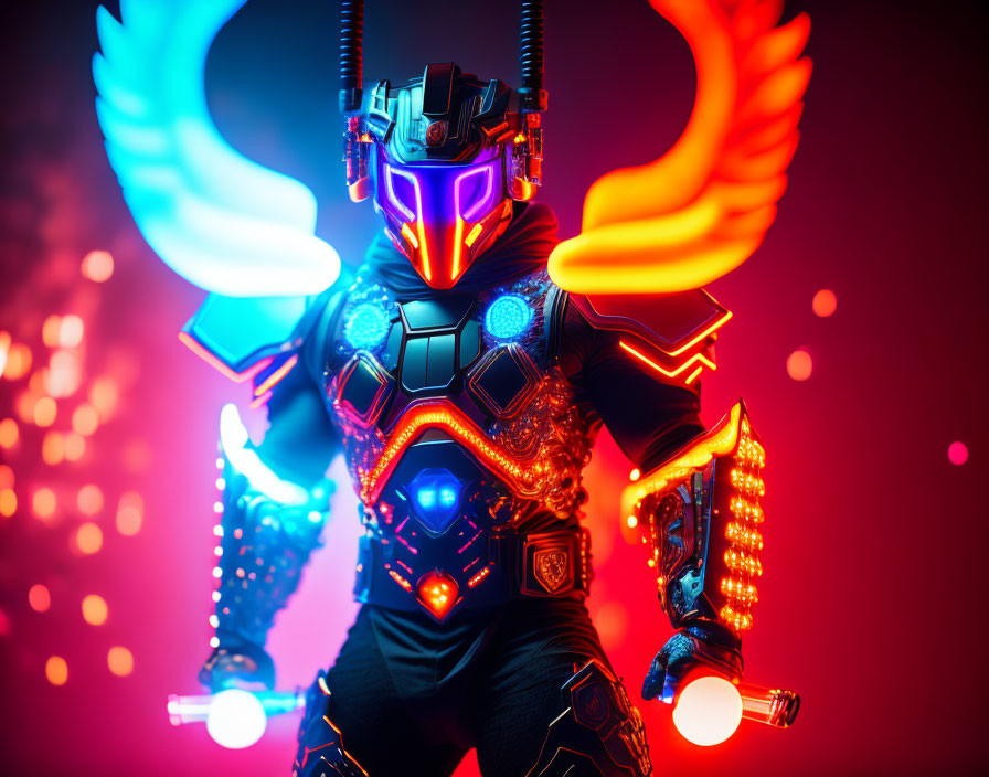 Futuristic warrior in neon-lit armor with glowing swords on red backdrop