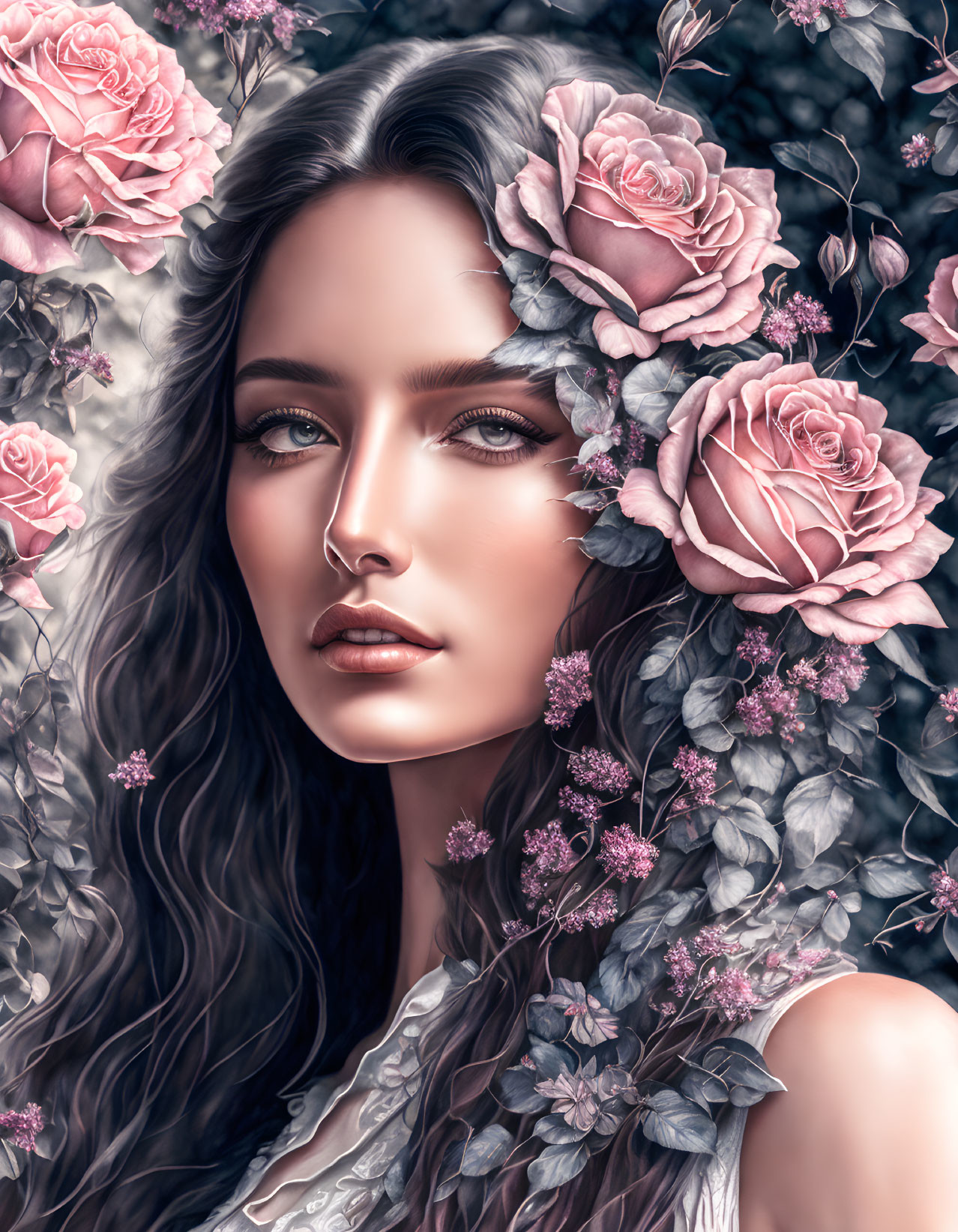 Digital portrait of woman with long wavy hair, pink roses, and green foliage in soft surreal style