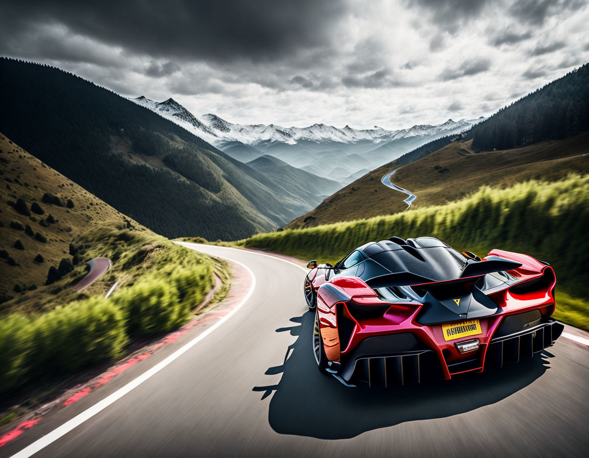 Red sports car on mountain road with snowy peaks and cloudy sky