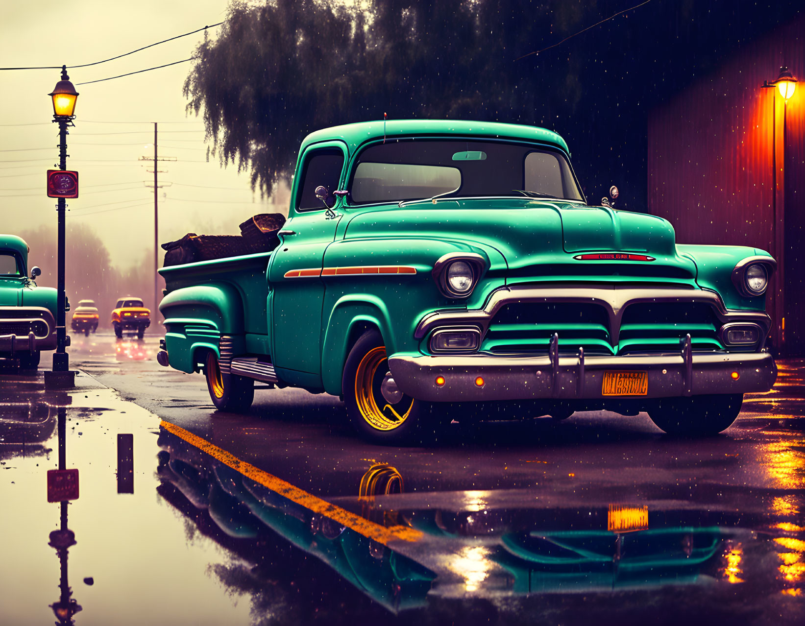 Vintage Turquoise Pickup Truck Parked on Wet Street with Streetlights and Rain