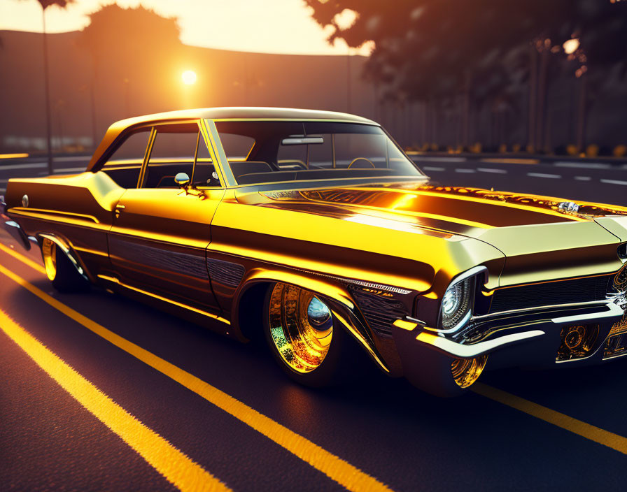 Vintage car with gold and black paint in sunset on empty road