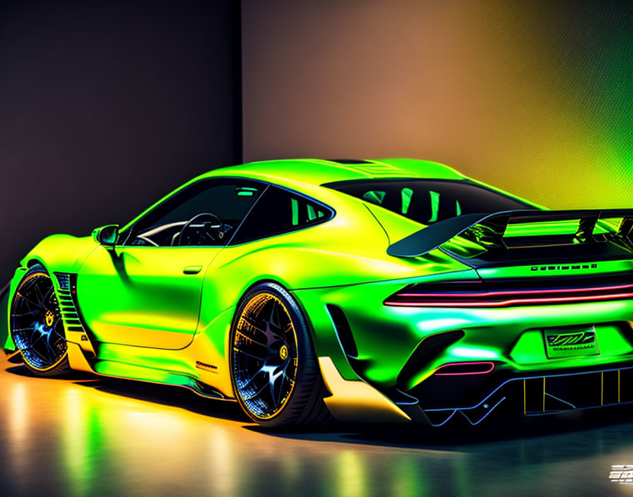 Neon Green Sports Car with Aerodynamic Design and Dramatic Lighting