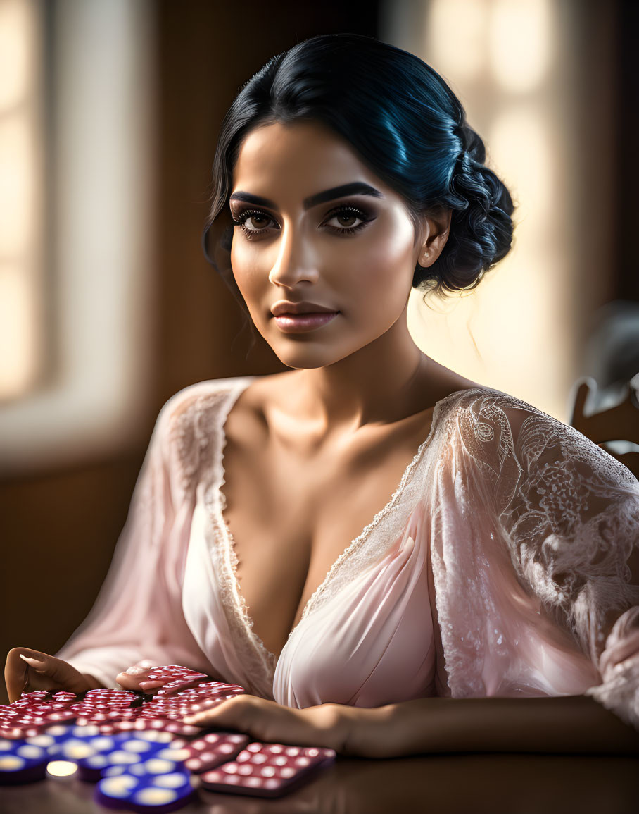 Blue-haired woman in pink robe with poker chips by window