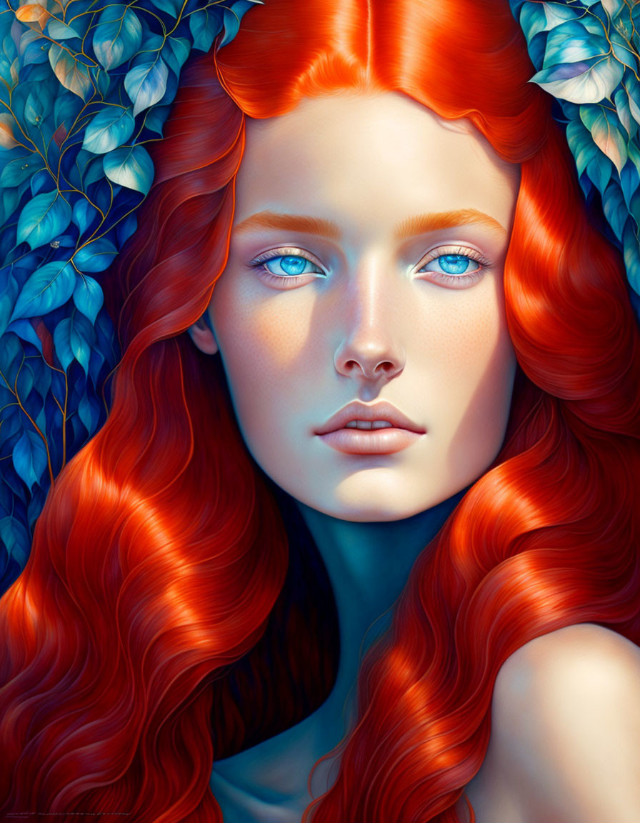 Portrait of woman with red hair, blue eyes, porcelain skin, against blue leaves