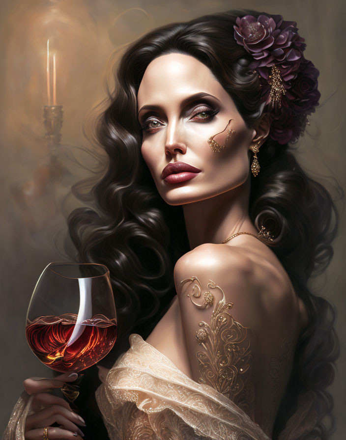 Illustrated portrait of elegant woman with dark hair, flowers, wine glass, tattoos, candle.