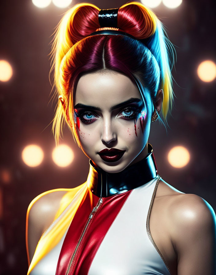 Colorful Hair Woman Portrait with Dramatic Makeup and Glossy Top