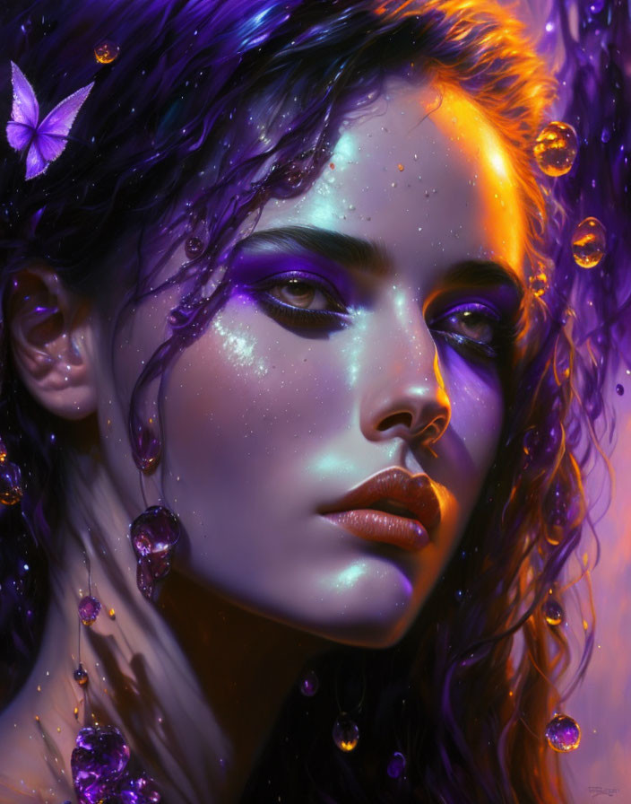 Portrait of Woman with Purple Skin and Butterfly Adornments