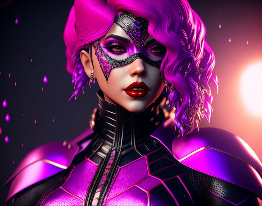 Vibrant pink hair, red eyes, futuristic armor in 3D art