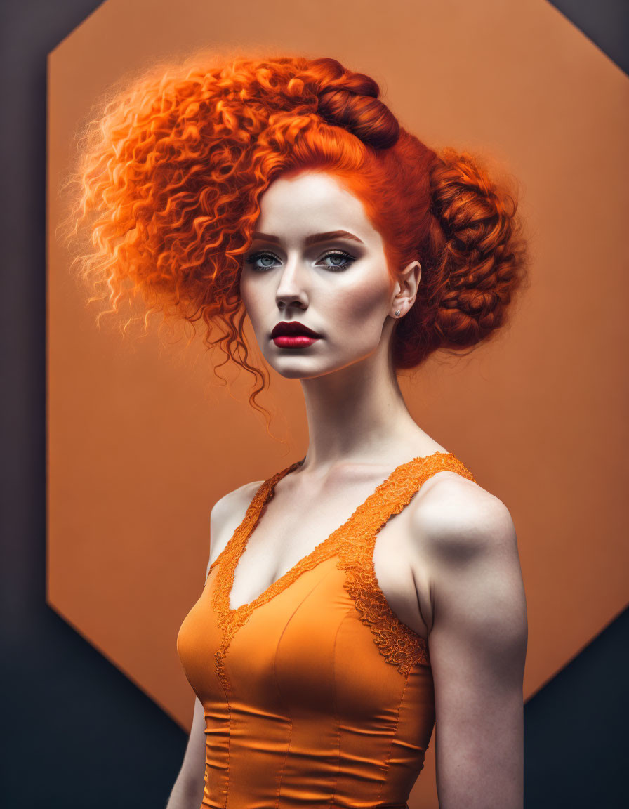 Vibrant red curly hair woman in orange dress on geometric burnt orange backdrop