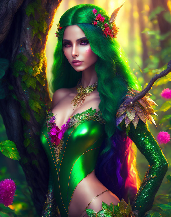 Vibrant green-haired fantasy figure in ornate armor in enchanted forest