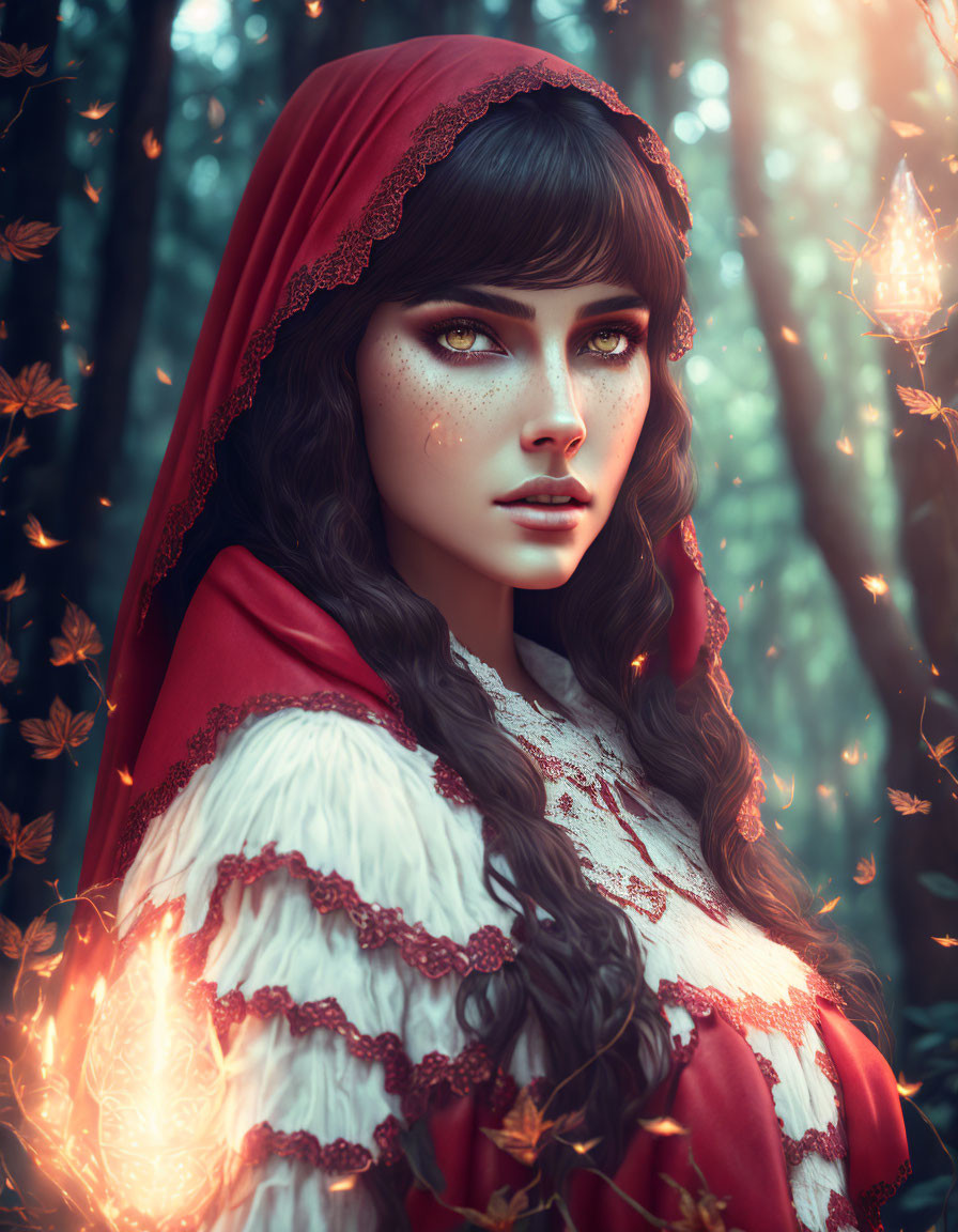 Digital illustration: Woman with green eyes and dark hair in red cloak in mystical forest with glowing butterflies.