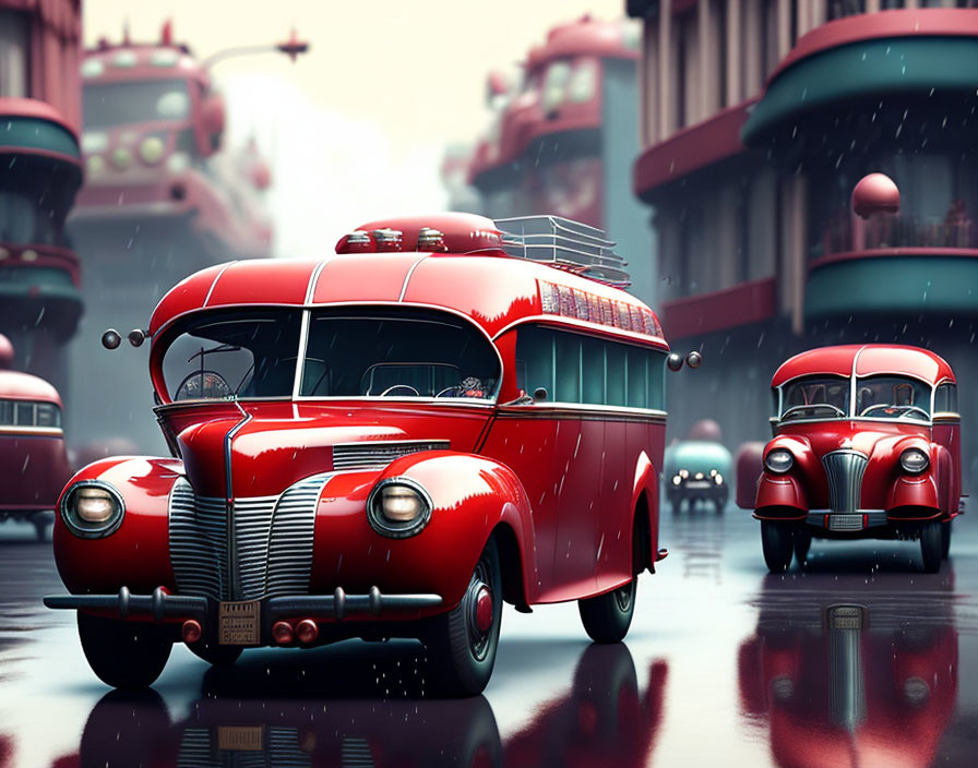 Vintage Red Buses on Rainy City Street with Futuristic Elements