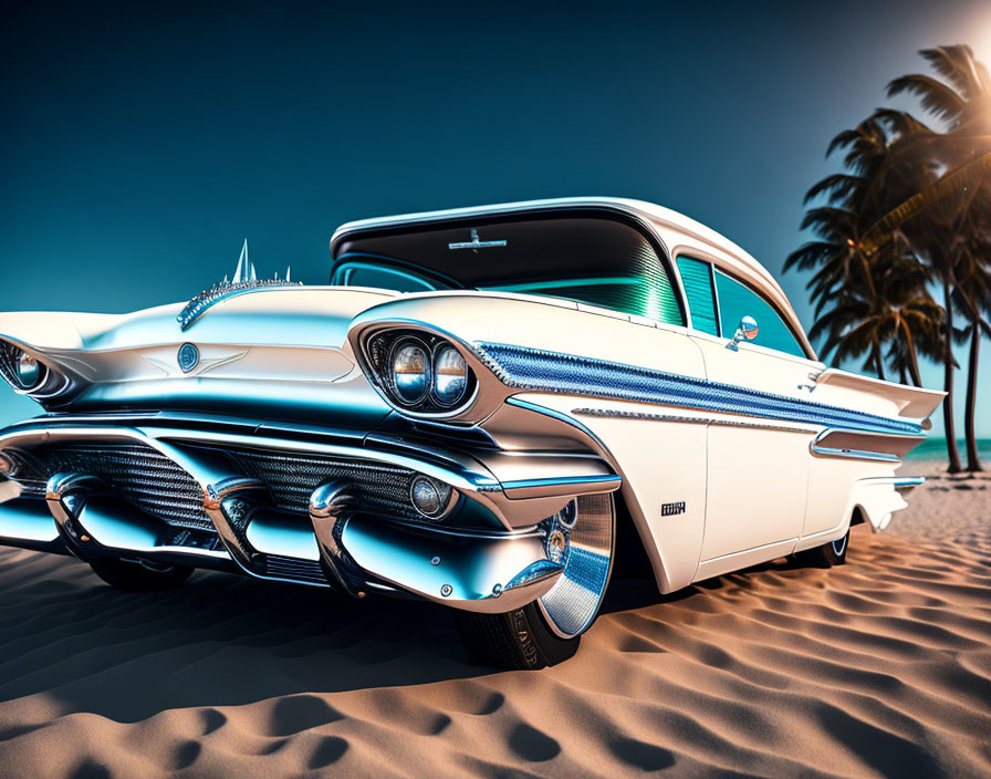 Vintage Blue and White Car on Sandy Beach at Sunset