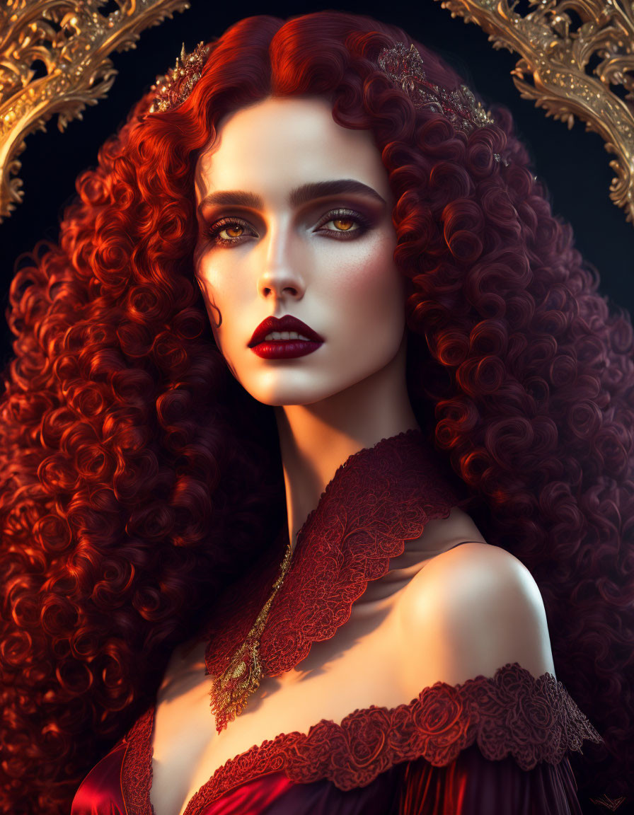 Voluminous red curly hair woman in red lace dress with dramatic makeup framed by golden ornate mirror