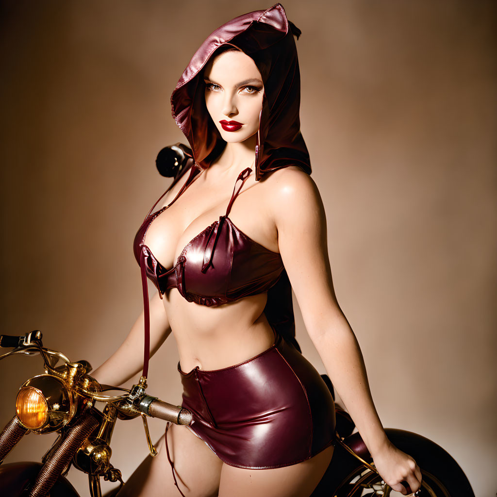 Burgundy motorcycle outfit on person posing with motorcycle