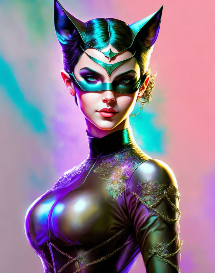 Colorful Illustration: Woman with Cat Ears & Mask, Futuristic Headpiece, Detailed Costume