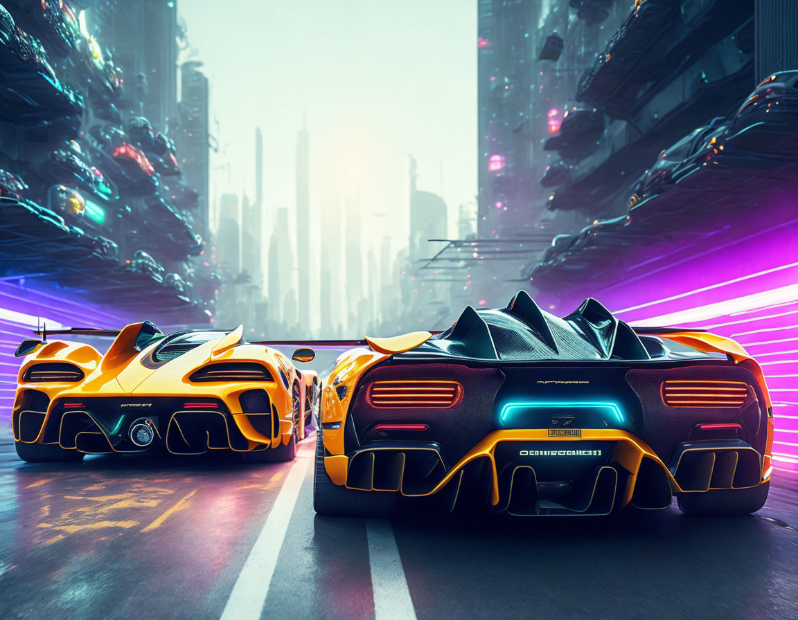 Futuristic sports cars on urban street with neon-lit skyscrapers