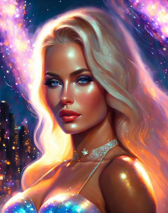 Stylized portrait of woman with blue eyes and blonde hair in cosmic setting