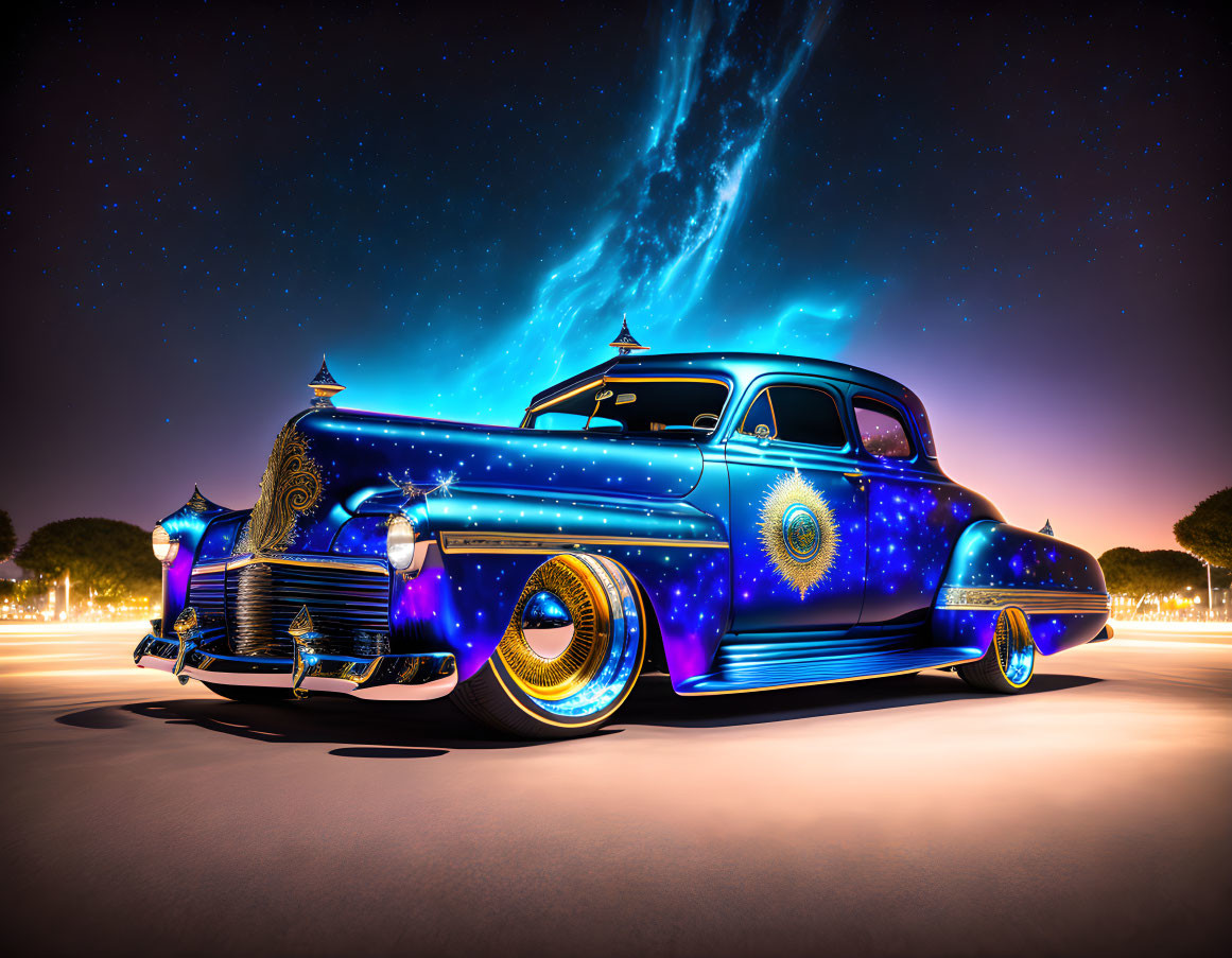 Vintage Car with Cosmic Paint Job and Night Sky Illumination