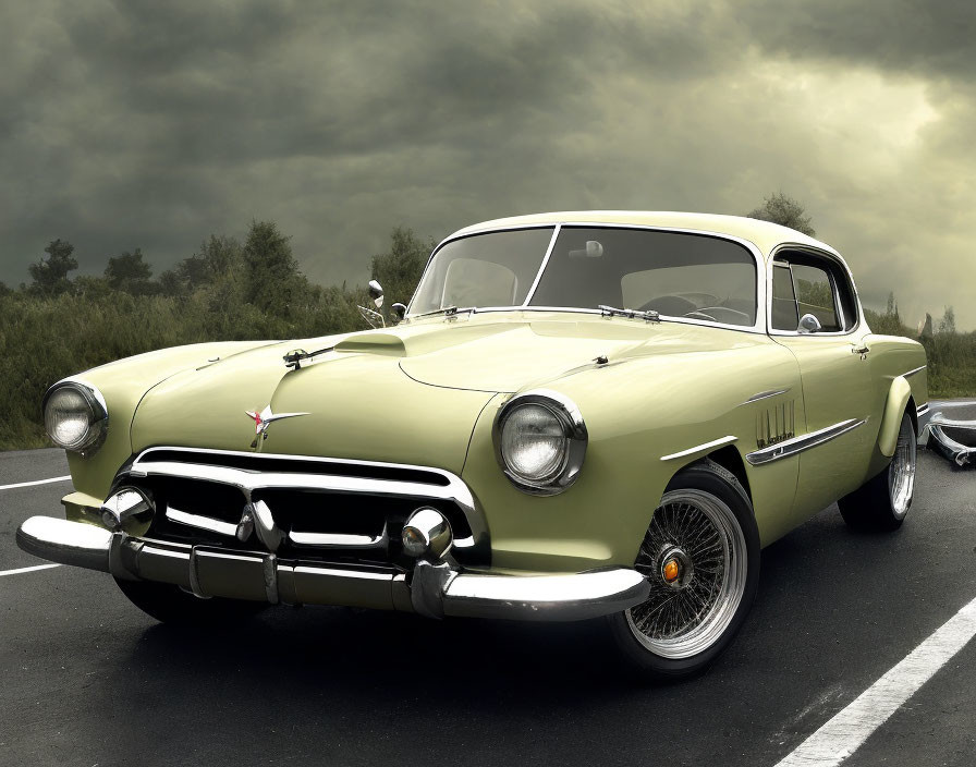 Vintage Pale Yellow Car with Chrome Details Parked on Road under Stormy Sky