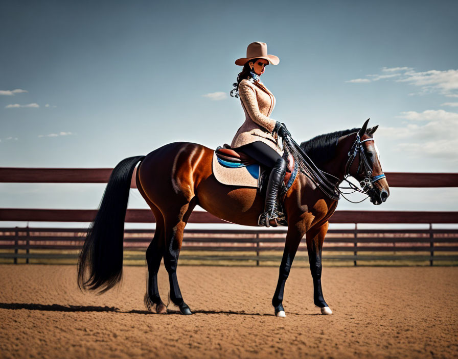 Cowboy riding brown horse in outdoor arena under clear sky