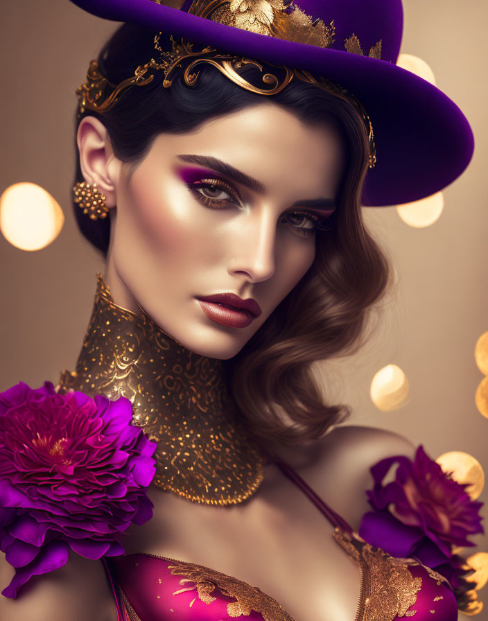 Stylish woman in purple hat with gold accessories and flower in soft bokeh lighting