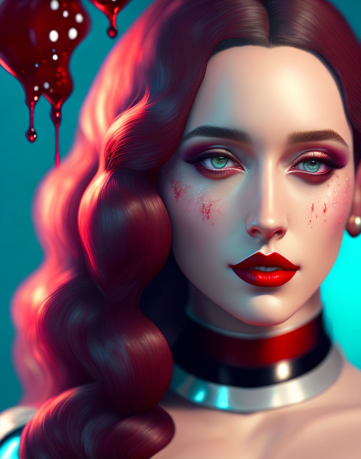 Woman with wavy hair and red makeup in digital art.