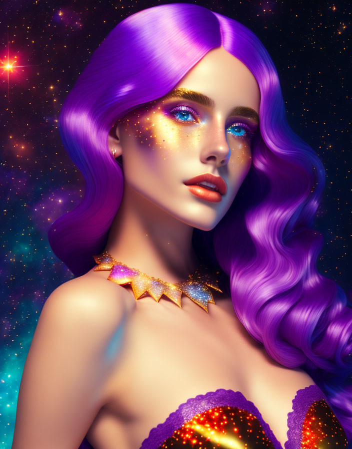 Purple-haired woman with glitter makeup in digital art against starry backdrop