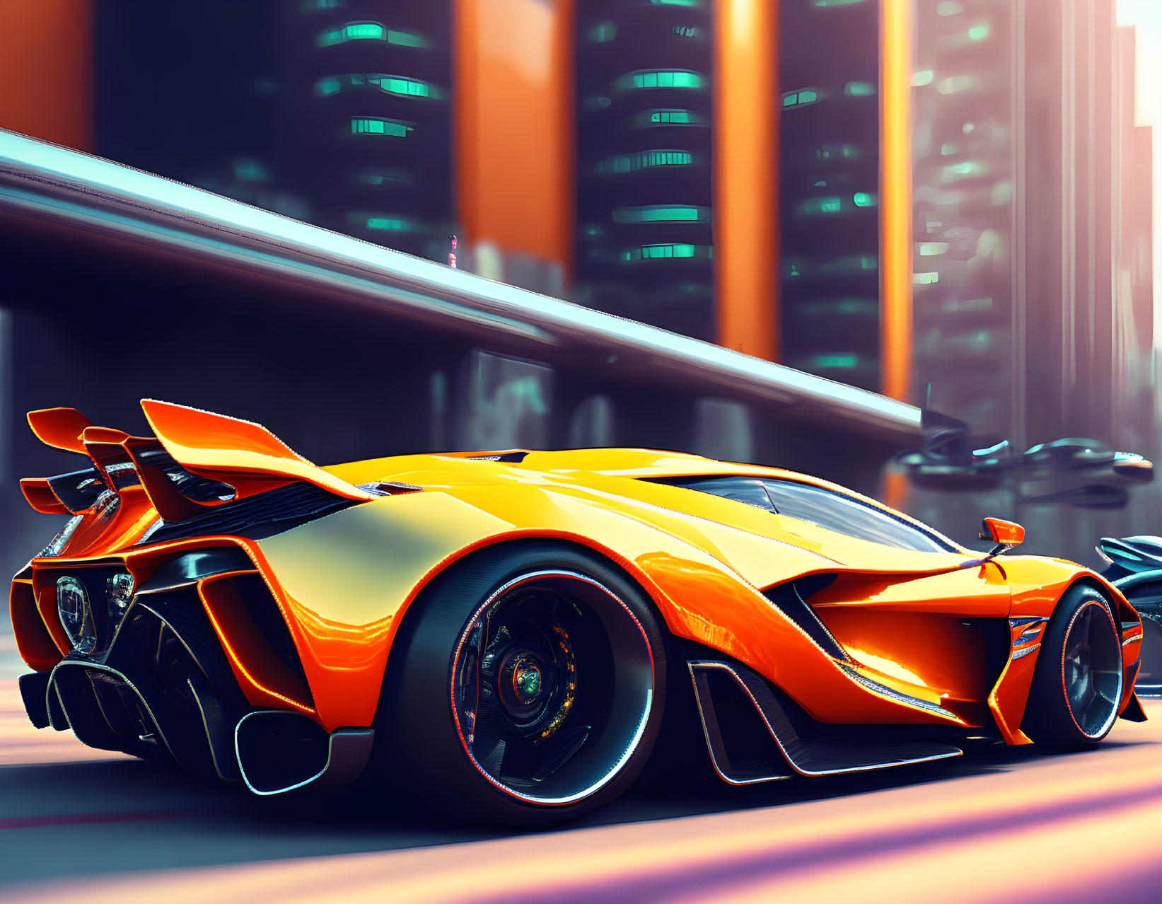 Futuristic orange supercar in urban setting at sunset