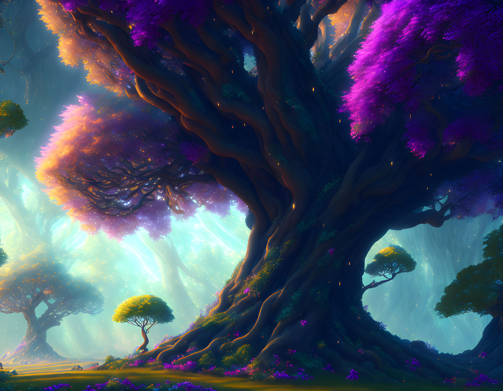 Enchanting forest scene with massive purple tree and luminous sky